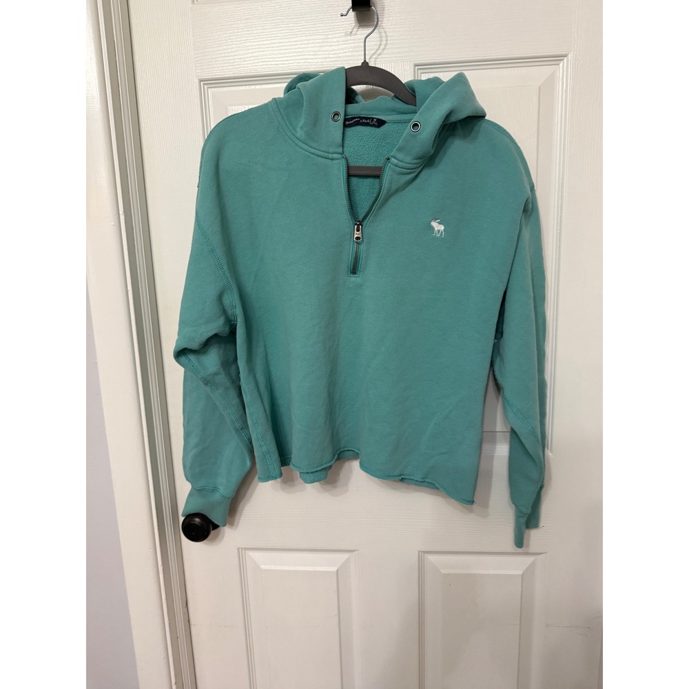 Abercrombie & Fitch‎ Teal Quarter Zip Cropped Hoodie Y2K Sleeve Logo M